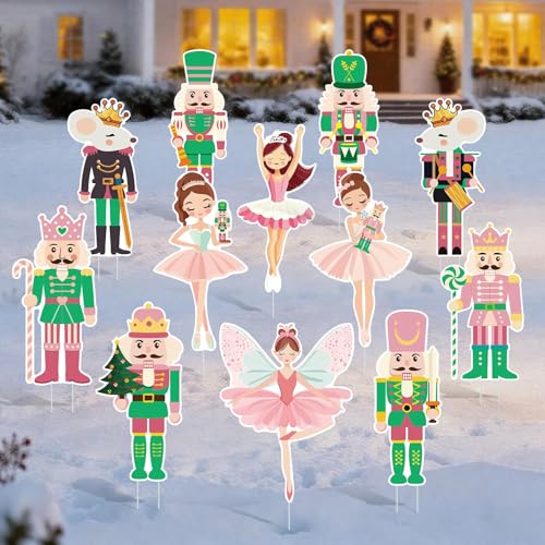LawnIdyll 12 Pcs Pink Nutcracker Yard Signs with Stakes Christmas