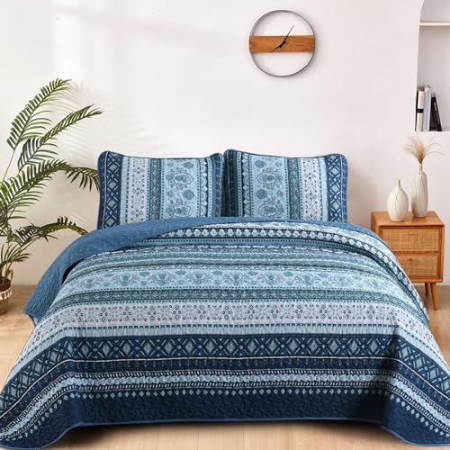 WONGS BEDDING Colcha de 220 x 240 cm, color azul marino, estilo bohemio, 3 piezas, para cama de matrimonio, microfibra, con 2 fundas de almohada de 50 x 75 cm, para dormitorio o sofá