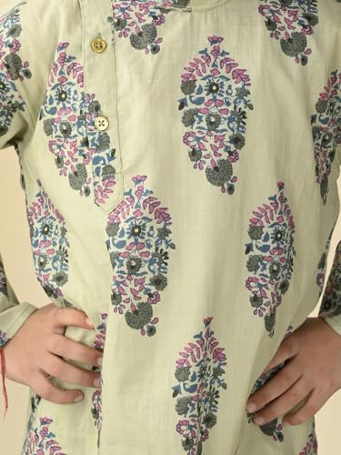 Image of superminis Boys Cotton Full Sleeves Side Open Sanganeri Printed Kurta With Pyjama Set