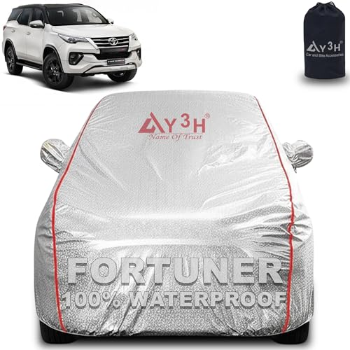 Image of 100% Waterproof Car Cover Compatible with Toyota Fortuner New | All Weather, Dust Proof, UV Protective with Mirror Pocket (Silver Magic)