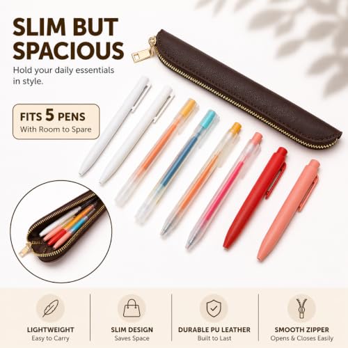 Image of Slim Pencil Case Skinny Pen Case Pen Pouch (FL Dark Brown)