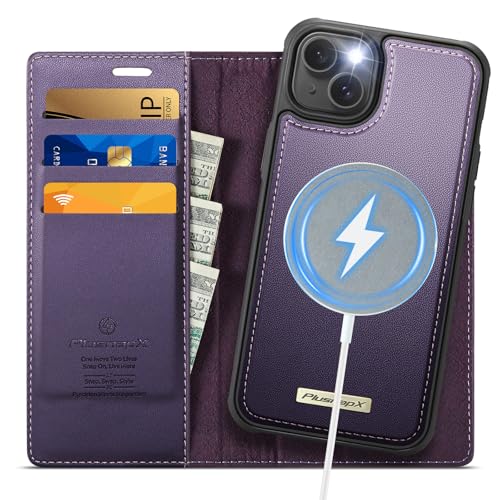 Image of Wallet Case for iPhone 13 Compatible with Magsafe, 2-in-1 PU Leather Flip RFID Blocking Card Holder Stand Shockproof Magnetic Detachable Cover for iPhone 13 Case 6.1 inch, Fashion Purple