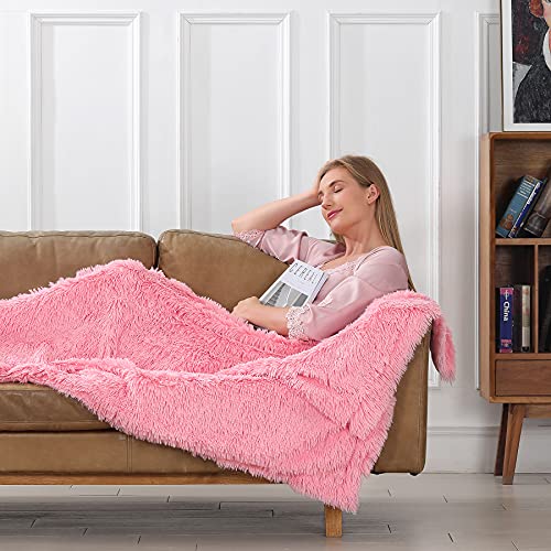 Image of Decorative Extra Soft Faux Fur Throw Blanket 50 inchx60 inch,Solid Reversible Fuzzy Double Layers Lightweight Long Hair Shaggy Blanket,Fluffy Cozy Plush Fleece Comfy Microfiber Blanket for Couch Sofa Bed,Pink
