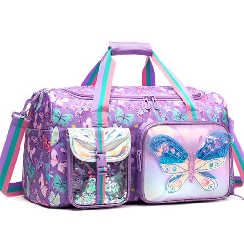 Butterfly Bolsa de viagem infantil para meninas, dança noturna, festa do pijama, bolsas esportivas de ginástica para crianças com compartimento para sapatos