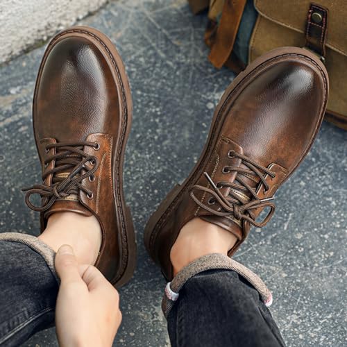 Mens Retro Leather Lace-Up Dress Oxfords Shoes Round Toe Non Slip Low Top Chunky Heels Casual Derby Shoes for Walking Outdoor Driving2