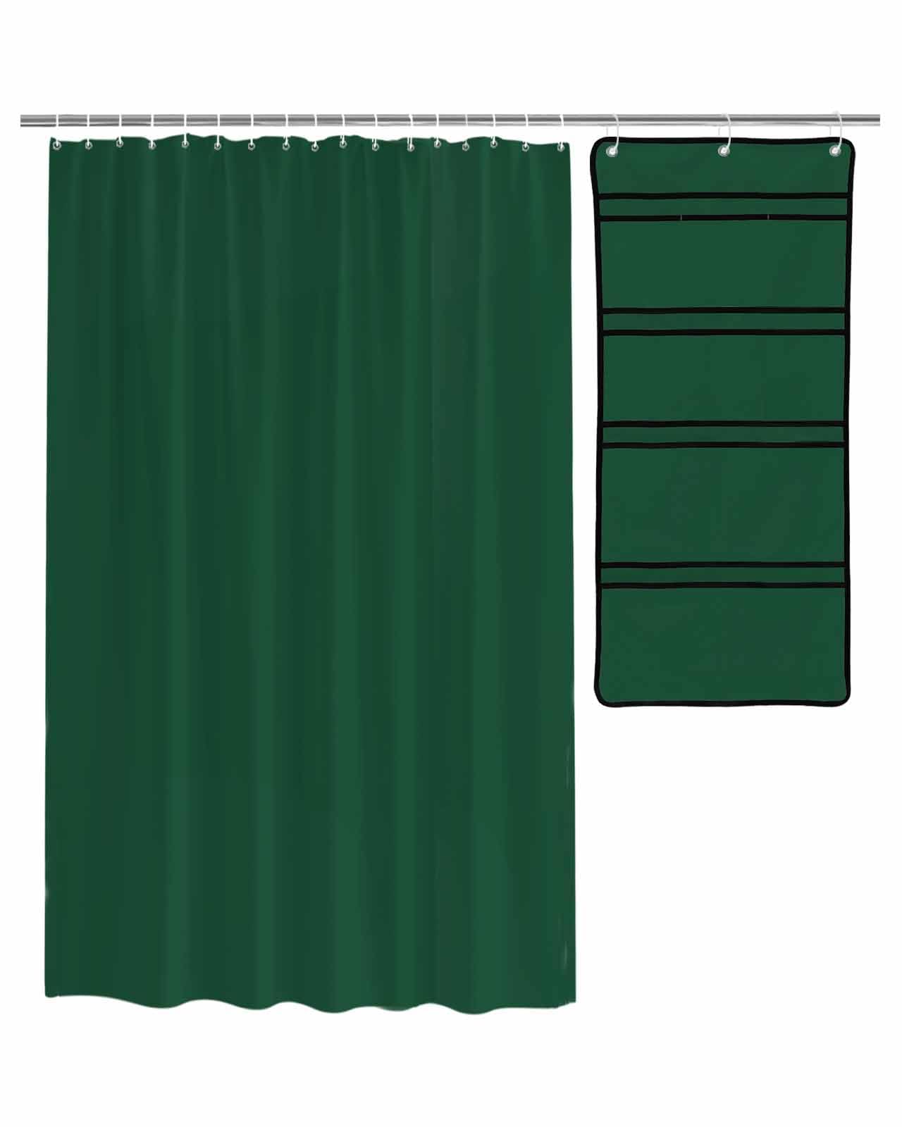 Shower Curtain Mesh Shower Organizer Set Simple Solid Color Dark Hunter Green Waterproof Bath Curtains Hanging Shower Caddy