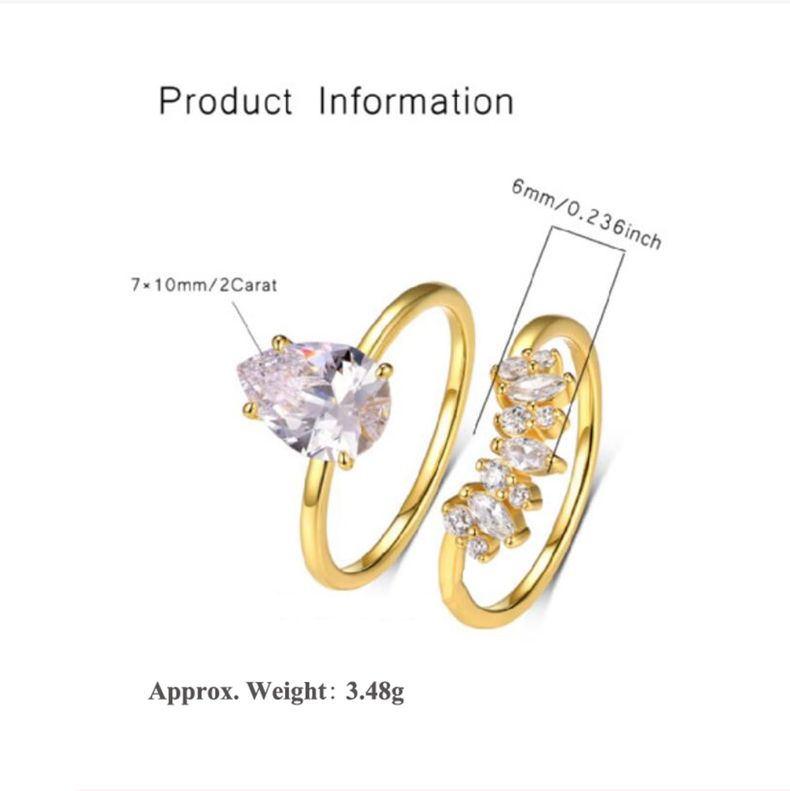 Anillo de oro para mujer, oro blanco, 2 unidades con moissanite de 2 quilates, anillo de boda, apilable, oro real