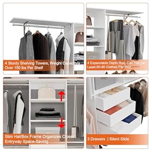 96 inch Closet System with 3 Drawers, 4 Hanging Rods, and 4 Shelving Towers - Heavy Duty 8FT Walk-In Organizer with Built-In Garment Rack, Adjustable Storage, White 96 inch Closet System with 3 Drawers 4 Hanging Rods and 4 Shelving Towers Heavy Duty 8FT Walk In Organizer with Built In Garment Rack Adjustable Storage White