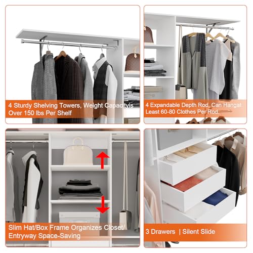 96-inch-Closet-System-with-3-Drawers-4-Hanging-Rods-and-4-Shelving-Towers-Heavy-Duty-8FT-Walk-In-Organizer-with-Built-In-Garment-Rack-Adjustable-Storage-White 96 inch Closet System with 3 Drawers 4 Hanging Rods and 4 Shelving Towers Heavy Duty 8FT Walk In Organizer with Built In Garment Rack Adjustable Storage White