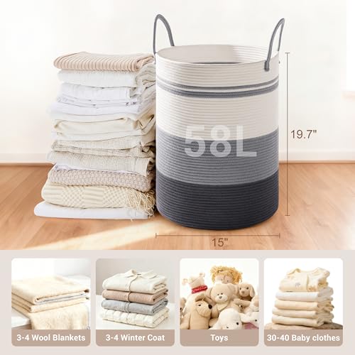 Image of 58L Tall Cotton Rope Laundry Basket with Handles, Grey Striped