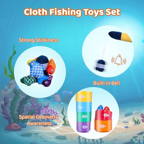 Montessori Toys for 1 Year Old, 27 Pcs Cloth Fishing Game for Toddlers Sorting Toy, Baby Toys for 1 Year Old Boy with Stacking Cups, Fishing Toys for Toddlers 1-3 First Birthday Gifts for Boy Girl - Thumbnail 2