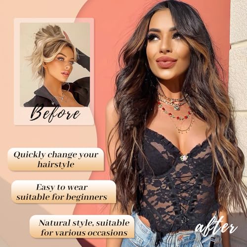 Image of AISI HAIR Dark Brown with Highlights Wig for Women, Long Wavy Lace Hairline Middle Part Synthetic Heat Resistant Wig for Daily Party-26 Inch