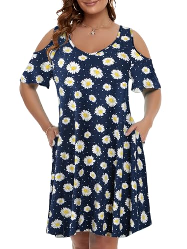Image of JollieLovin Womens Plus Size Short Sleeve Cold Shoulder V Neck T-Shirt Dress with Pockets