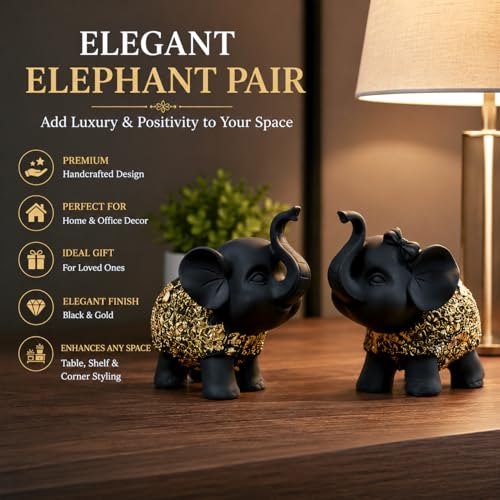 Image of HindCraft Elephant Showpiece Set for Home Decor - Lucky Elephant Pair Statue for Living Room, Office Desk, Table Decor, Feng Shui Decorative Figurines, Gift Item