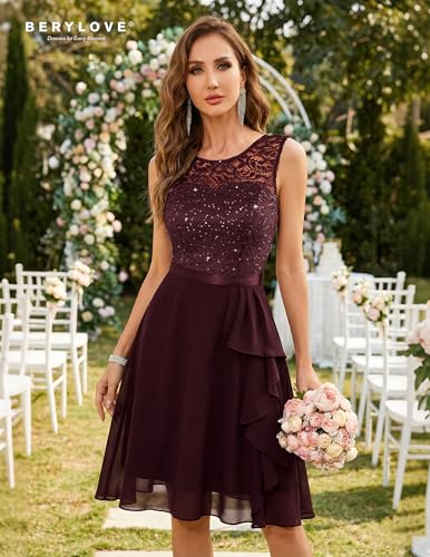 Image of BeryLove Womens Boat Neck A Line Sleeveless Lace Formal Homecoming Dress | Short Dress With Ruffle Hem, Sparkly Design Ideal For Wedding Guest,Bridesmaid Cocktail Prom & Evening Party Events