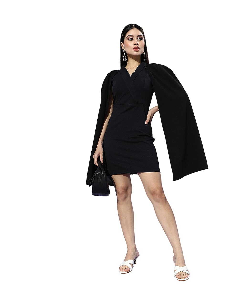 athena lifestyle Women and Girls Polyester Tiered V-Neck Solid Print Knee Short Sleeve Black Casual Dress-picture-15