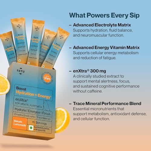Image of Setu Boost Hydration + Energy Electrolyte Powder Sachets with No Caffeine | Enriched with enXtra | Masala Lemonade Flavor | Pack of 4 | 60 Sachets