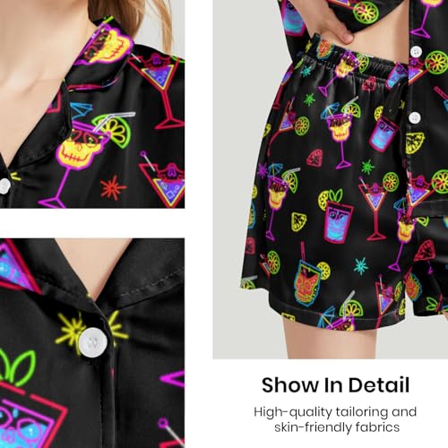 Image of Silk Satin Pajama Set for Women Summer Lounge Pjs Sets 2 Piece Suit Ladies Button Down Tops And Shorts Sleepwear