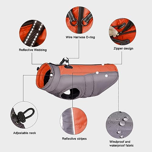 Vivi Bear Wasserdichter Hundemantel Winter Warme Hundejacke, Hundebekleidung Outfit für Mittel Große Hunde, Hundeweste Skibekleidung mit Sicheren Reflexstreifen und D-Ring, Orange XL