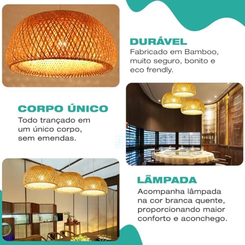 Luminária de Teto Lustre Pendente Bambu Fundamentum Malibu Rústico 45cm Bamboo
