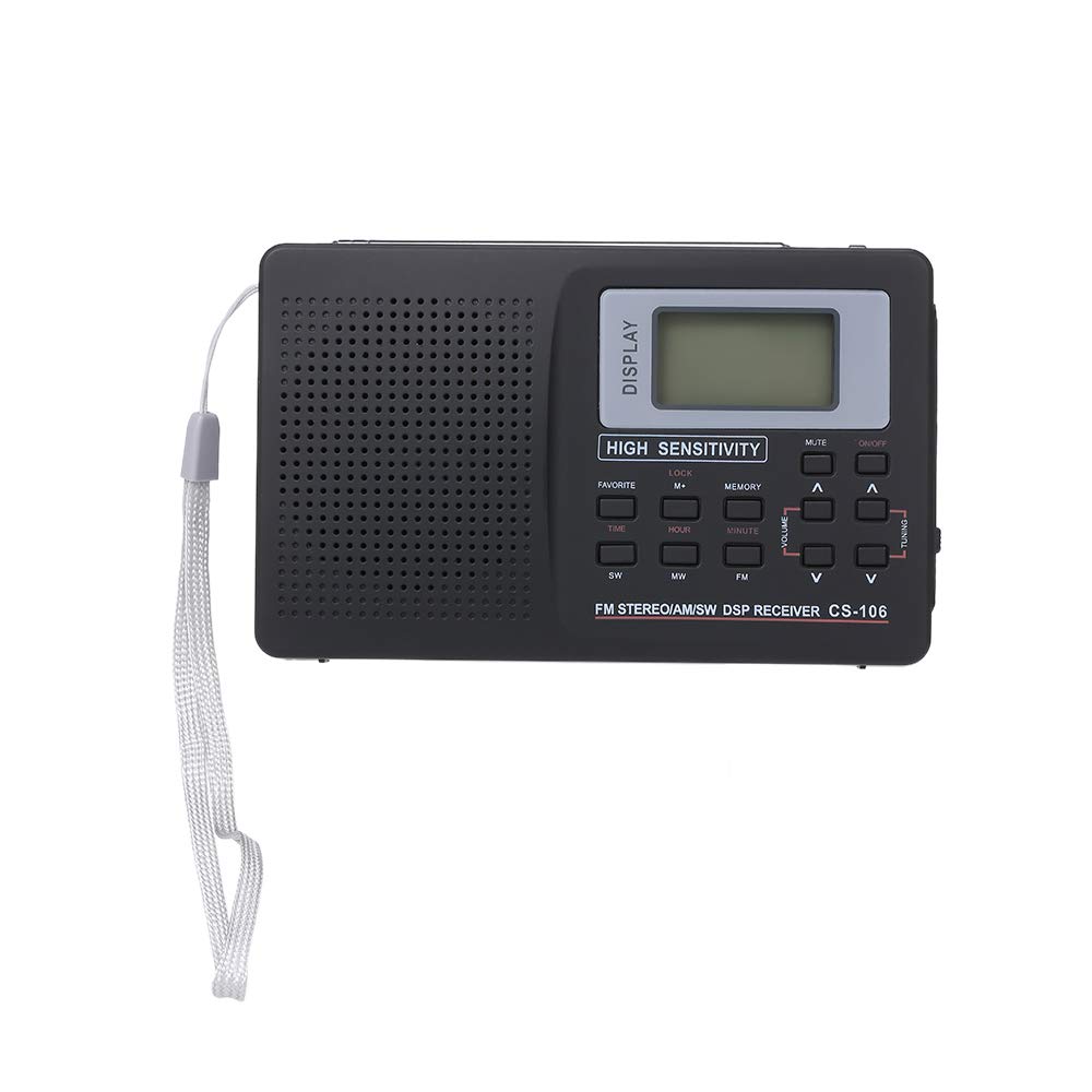 KKmoon-1Portable FM/AM/SW Radio Multiband Digital Stereo Radio Receiver Earphone Output Time Display External Antenna with Alarm Clock Function