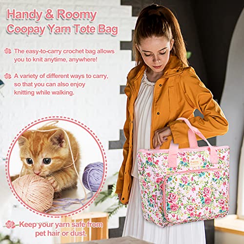 coopay large crochet bag knitting bags and totes organizer traveling crochet bags yarn bag for carrying crochet hooks knitting kit skein yarn wool project knitting amp crochet supplies pink flower