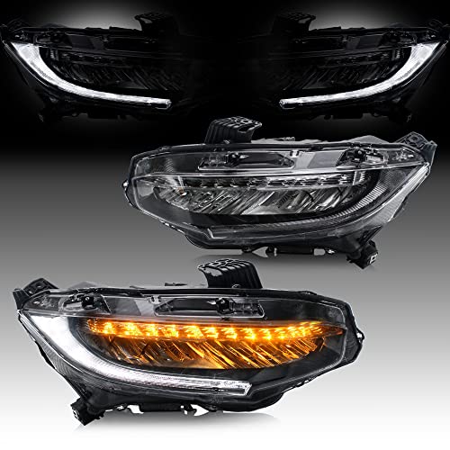 VLAND LED Headlights Assembly Compatible For 10TH Gen Honda Civic Sedan/Coupe/Hatchback/Type R 2016 2017 2018 2019 2020 2021 W/Sequential Turn Signal LED DRLs H/L Beam Lens