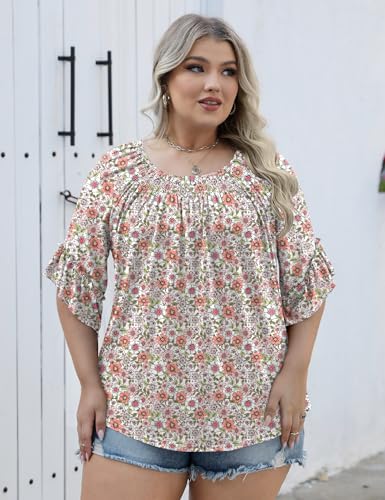 Image of Micoson Womens Plus Size Tops 3 /4 Ruffle Sleeve Crewneck Pleated Shirts