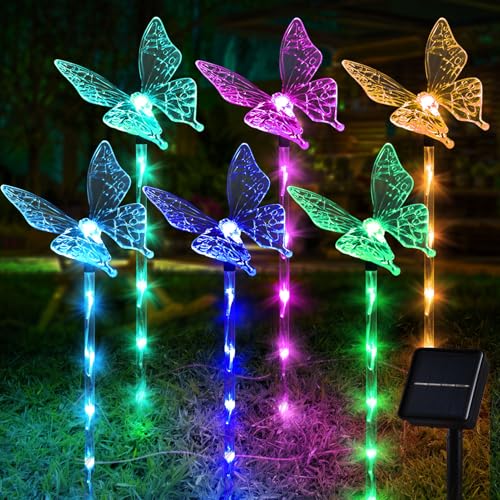 Set of 6 Arcylic Solar Butterfly Lights for Outside Solar Powered Garden Decorations with 8 Lighting Modes Outdoor Waterproof Pathway Lights for Yard Patio Plant Pot Flower Bed (Butterfly)