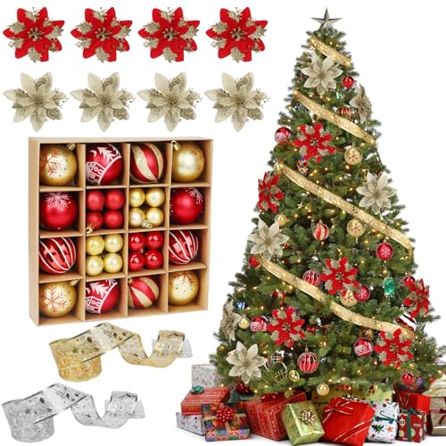 56PCS-Christmas-Balls-Ornaments-Set-Christmas-Decor-with-Christmas-Balls-Glowing-Ribbon-Flower-Ornament-Set-Christmas-Tree-Ribbon-Poinsettia-Flower-for-DIY-Xmas-Wreath-Holiday-Home-Party-Decor