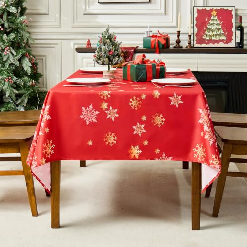 Weihnachtstischdecke Tischdecke Abwaschbar Schneeflocke 150 x 305 cm Rot – Ansicht 3