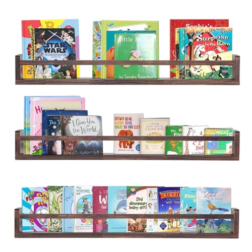 Image of AZSKY Nursery Book Shelves Deep Walnut Wall Mount Floating Book Shelf for Bedroom Wooden Wall Book Shelf Children Kids Toddler Wall Bookshelf 36 Inch a Set of 3 Same Sizes