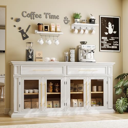 LGHM Buffet Cabinet with Drawers, 63'' Large Sideboard Buffet Storage Cabinet with Glass Doors & Adjustable Shelves, Modern Coffee Bar Cabinet Wood Buffet Table for Kitchen, Dining Room, White