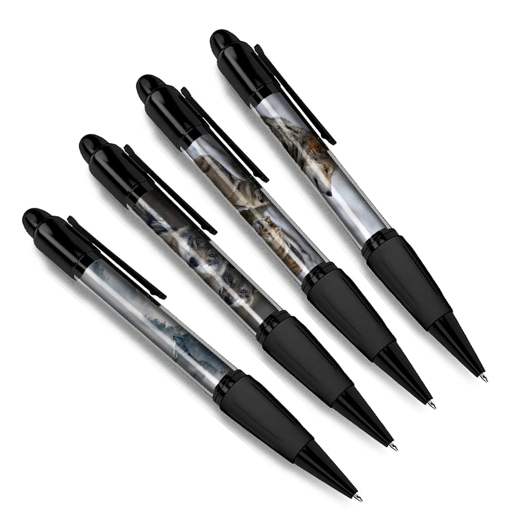 DV DESIGN Set of 4 Wolf Black Ballpoint Pens - Wild Wolves Animal Pack Winter Theme Gift, Multicolor