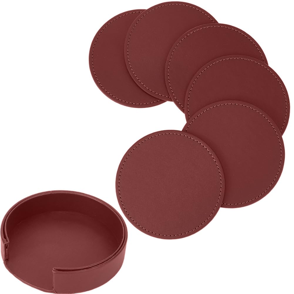CALFOVERA 6PCS PU Leather Drink Coasters Red Round Table Coasters with Holder 10cm Leather Small Protector Cup Mats Sets Decorative Coffee Cup for Tabletop Desk Furniture Protection Housewarming Gifts