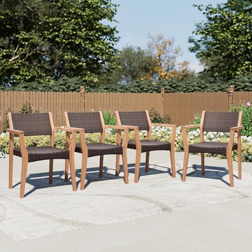 PHI VILLA Patio Acacia Wood Dining Chairs w/Wicker Seat & Back, 4 PCS