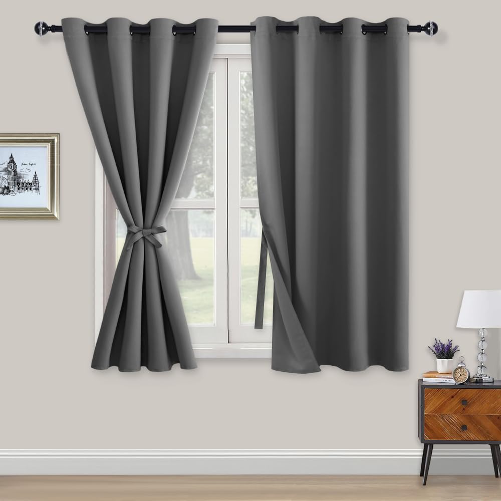 XWZO Blackout Curtains Shades Window Curtain Panels with Tiebacks- Noise Reduction and Thermal Insulated Eyelet Curtains for Bedroom,Living Room,Office,Study Room Grey W52xL54