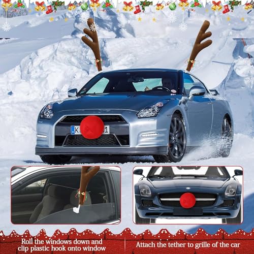 agctrler Rentier Geweih Auto Weihnachten, Rentiergeweih Auto mit 2 Geweih und 1 Rote Nase, Rentier Kostüm für Auto Truck Van SUV, LKW