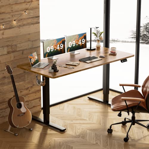 Furmax Electric Height Adjustable Standing Desk Large 63 x 24 Inches Sit Stand up Desk Home Office Computer Desk Memory Preset with T-Shaped Metal Bracket, Brown