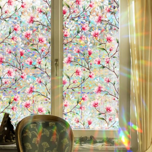 Image of JOONOR Pink Magnolia Flower Sunroof Film Floral Rainbow Effect Static Clings Window Privacy Film Sun Protection Stained Glass Decals for Car Moonroof & Side Windows, 17.72 x 35.43 Inch