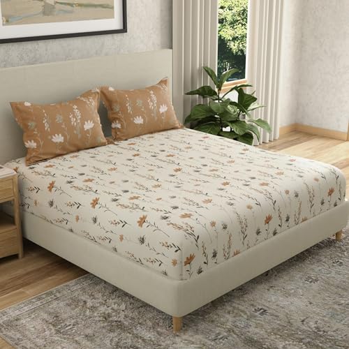 Image of HUESLAND by Ahmedabad Cotton 144 TC Cotton Elastic Fitted Bedsheet for Double Bed with 2 Pillow Covers | 60 x 78 inches