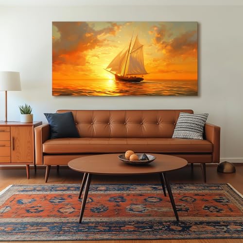 crmotu Sailboat Wall Art, Large Landscape Wall Art, Nautical Wall Decor, Sunset Painting Canvas Prints, Ocean Pictures for Living Room Bedroom Dining Room Hallway Office Home Hotel Artwork 30x60inch