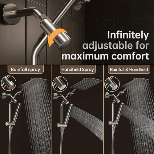 Image of Veken 10 inch Luxurious Brushed Nickel All Metal Rain Shower Head with Handheld Spray Combo, High Pressure Rainfall Square Shower Heads with Extension Arm, Wide Dual Showerhead, Bathroom Accessories