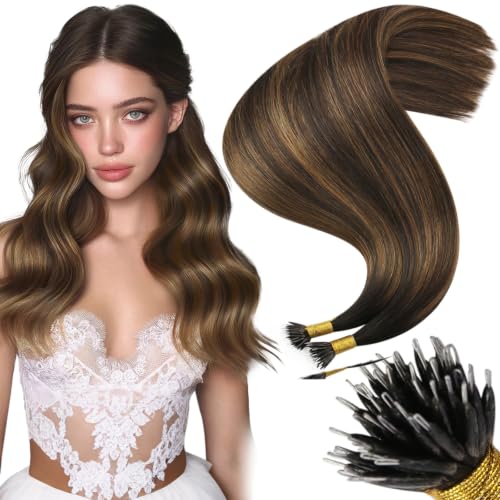 Moresoo Nano Ring Human Hair Extensions, Brown Chestnut Balayage, 22 Inch