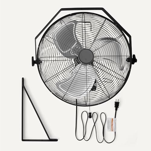 Image of Amazon Basics 18 inch Indoor Wall-Mounted Industrial Fan with Three Speeds, High CFM, Heavy-Duty Metal Blades, Tilt Head, for Commercial Use, Warehouse, Basement, Black