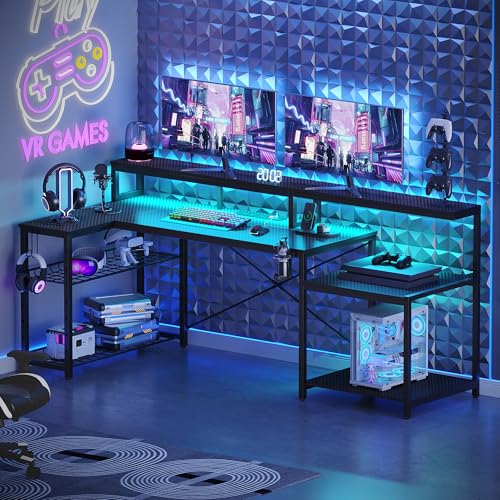 Bestier 181CM L-Shaped Gaming Desk with RGB LED Lights, Power Outlets, USB Ports, Carbon Fibre Surface, Monitor Stand, Storage Shelf, Cup Holder & Headset Hook - Image 3