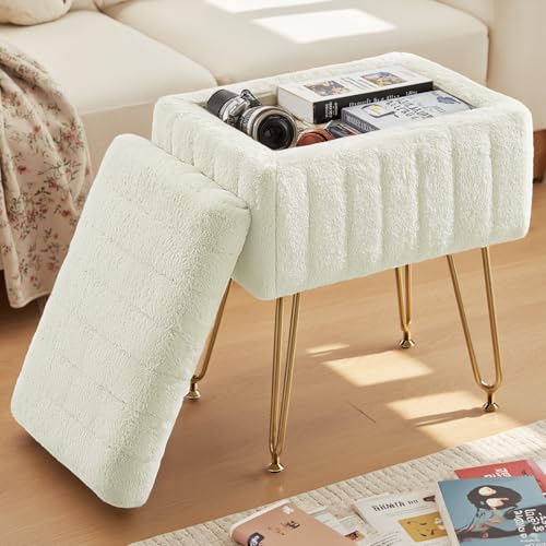 DUMOS Vanity Stool Chair Ottoman with Storage, Makeup Small Footstool Modern Style Faux Fur Soft Padded Seat with 4 Metal Legs & Adjustable Feet for Dressing Living Room Bedroom Dorm, Pure White