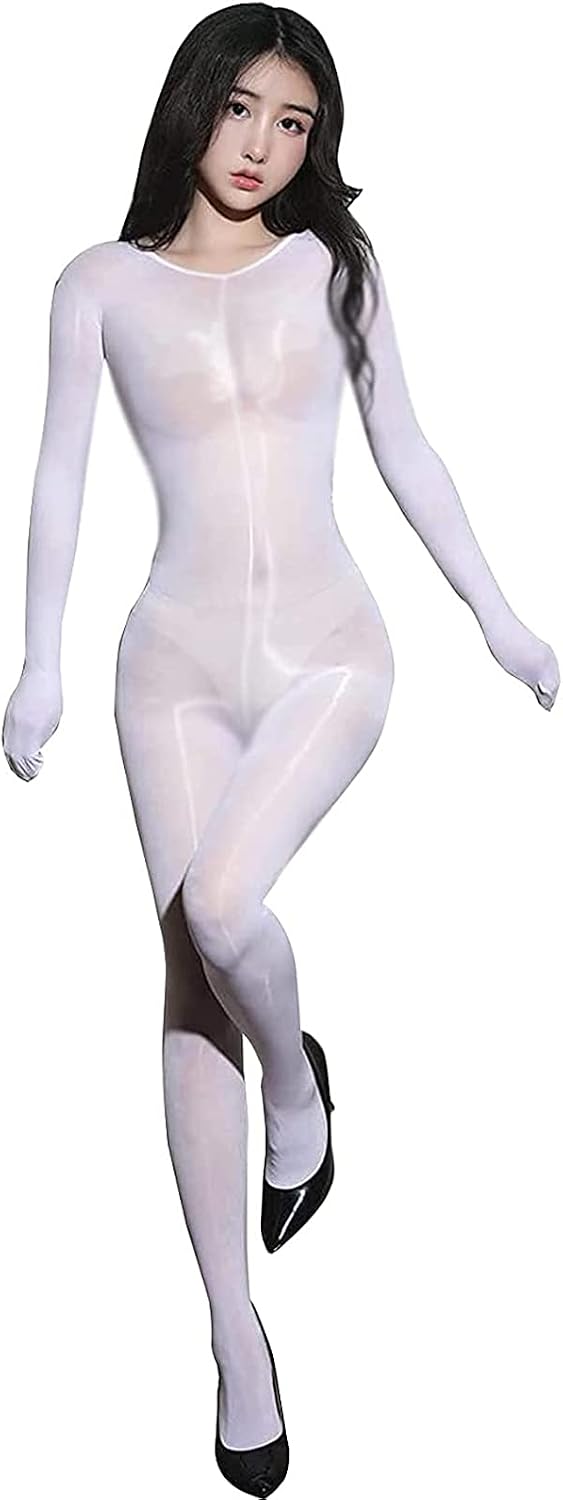 LESOYA Women Men Sexy 8D Oil Shiny Glossy Full Bodystocking High Elastic Low Collar Bodysuit Catsuit with Gloves