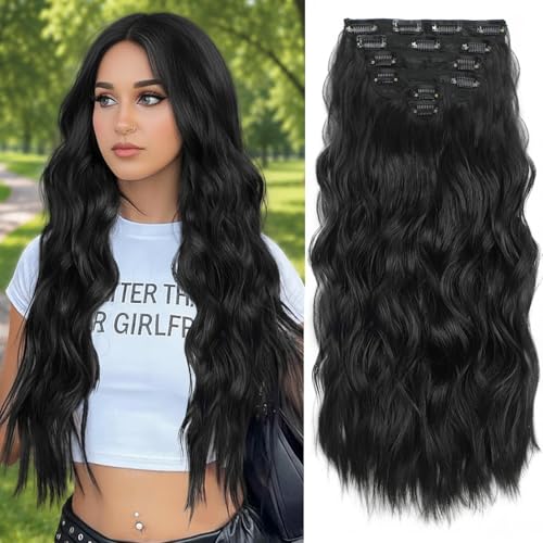 Clip in Hair Extensions, 6 Pcs Long Wavy Curly Clip on Hair Extensions for Women 20 Inch Synthetic...