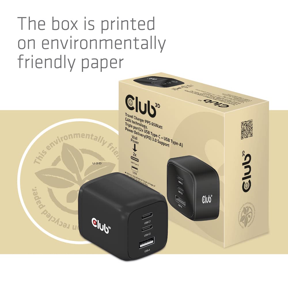Club3D CAC-1913EU PPS - Caricabatterie da viaggio con tecnologia GAN da 65 Watt, tripla porta (2 USB Type-C + USB Type-A) Power Delivery (PD) 3.0